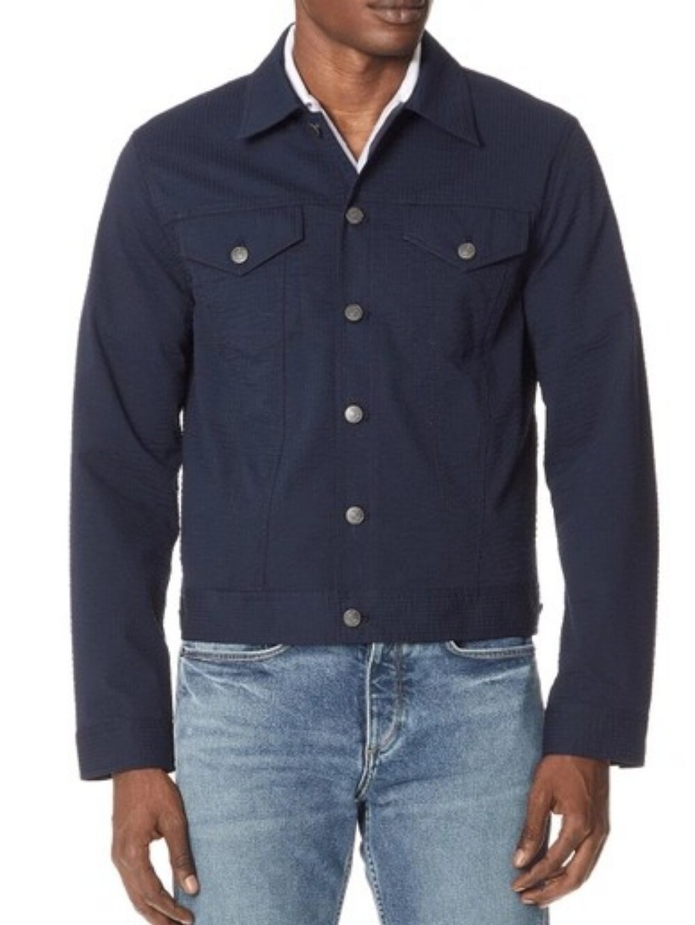 Club Monaco Men’s Seersucker Trucker Jacket – Navy - Size XL